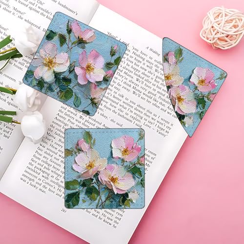 Image of 2Pcs Pink Floral Corner Bookmarks, Handmade PU Leather Page Corner Protectors, Oil Painting Art Stationery Gift for Women, Teachers, Mom, Spring Summer Reading Accessories 3.54 x 3.54