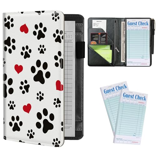Server Books Plus 2 Pack Guest Checks Pads for Waitress Waiter, Dog Paws Server Booklet Waitstaff Organizer with Zipper Pocket Guest Check Presenters Server Wallet Money Holder (5