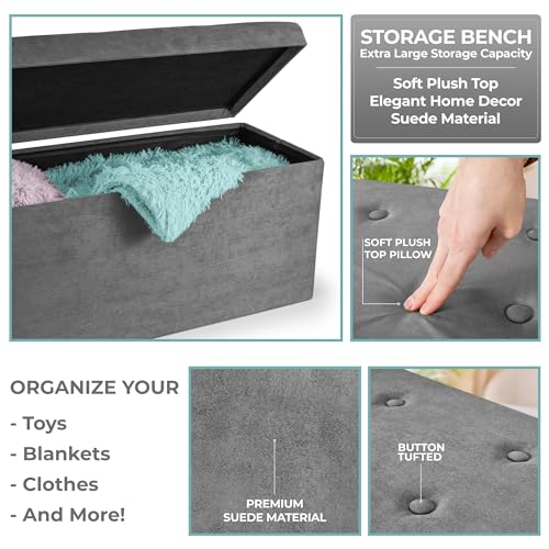 Sorbus Collapsible Storage Ottoman Bench (Grey, Medium (15” x 30” x 15”)) - image 6