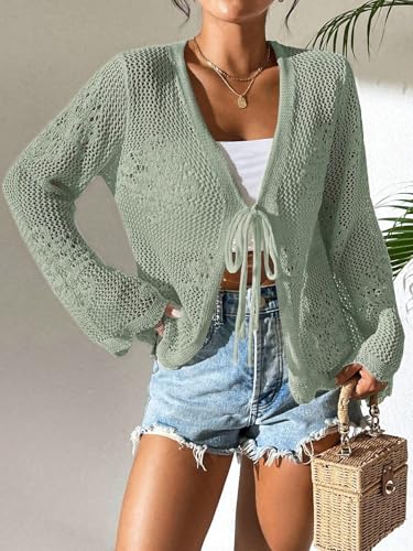 Urchics Womens Casual Cardigan Summer Beach Long Sleeve Hollow Out Tie-Front Crochet Cardigan3