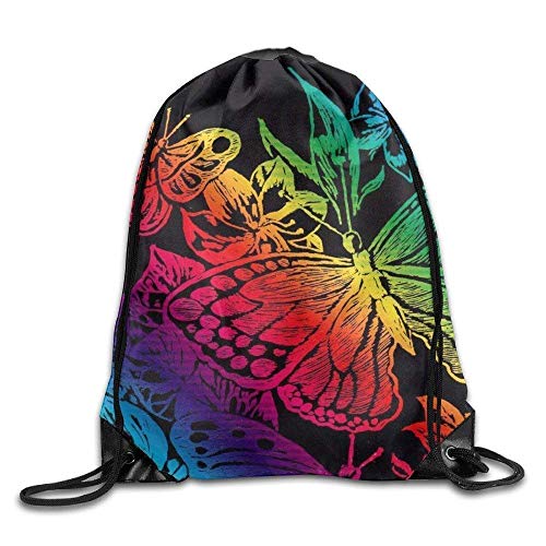 JHUIK Drawstring Bag Backpack Ligero  plegable  de gran capacidad  arcoiris y mariposas