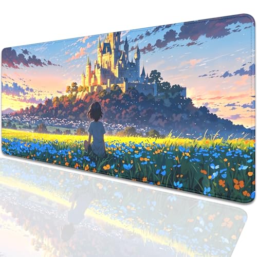 Image of Cartoon Cute Fantasy Castle Sky Flowers Children Extended Desk Pad Mouse Pad,Stitched Edges Non-Slip Rubber Base XL Mouse Mat Desk Mat for Office Home Work Mousepad(27.5X11.8 Inch)