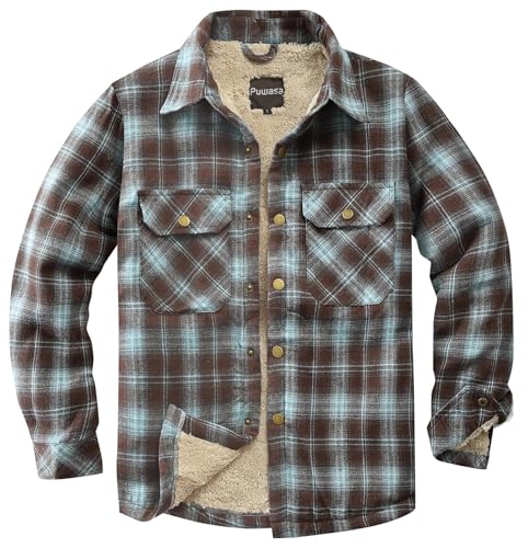 Image of Men's Sherpa Cotton Flannel Shirt Jacket Plaid Button Coat Pocket