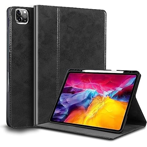 NANRUIL for Ipad Pro 12.9 inch 6th/5th/4th/3rd Gen Case Genuine Leather Cover Protective for 2022/2021/2020/2018,Built-in Pencil Holder and Auto Wake/Sleep.Black Cover