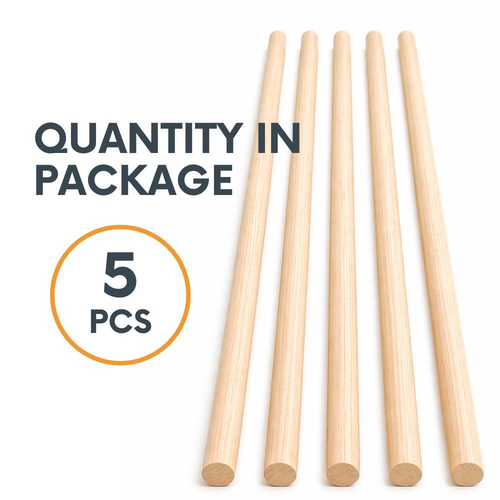 Lot de 5 bâtons épais en bois naturel de 2,5 x 91,4 cm – Bâtons épais en bois naturel pour travaux manuels, projets de bricolage, utilisation alimentaire, bâtons ronds lisses en bois pour travaux