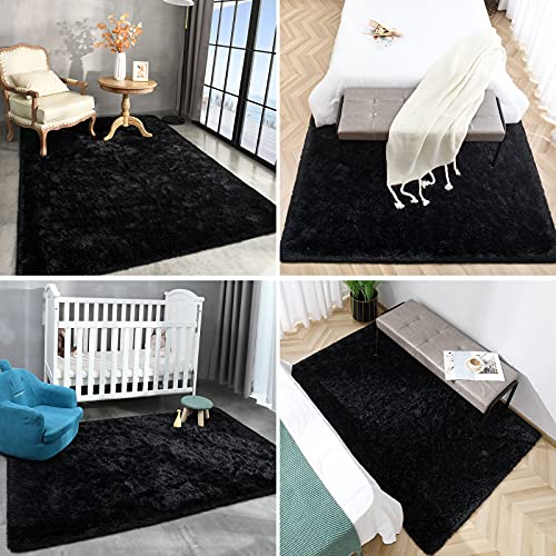 Espiraio Black Shaggy Rugs for Bedroom Living Room, Super Soft Fluffy Fuzzy Area Rug for Kids Baby Nursery, Modern Indoor Plush Carpet for Home Decor, 5x8 Feet Floor Furry Rugs for Children Dorm Rug - Afbeelding 7
