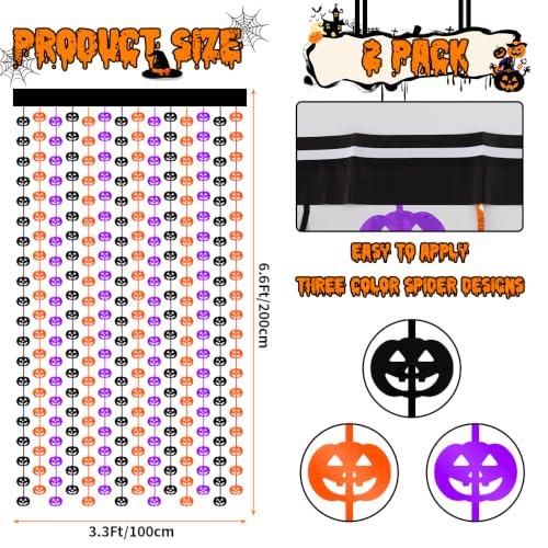 Image of TONIFUL 2Pc Black Orange Purple Pumpkin Cutout Metallic Foil Fringe Curtain | 3.3ftx6.6ft Photo Booth Backdrop Door Tinsel Streamers Curtains, Props for Halloween Fall Birthday Harvest Party Decorations
