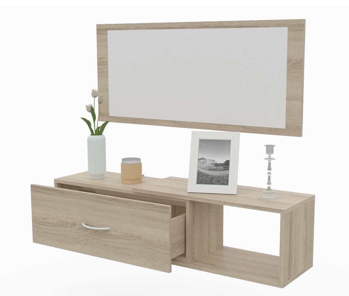 DORMIDAN- Mueble recibidor con cajón más Espejo, 1m de Ancho, (Roble)