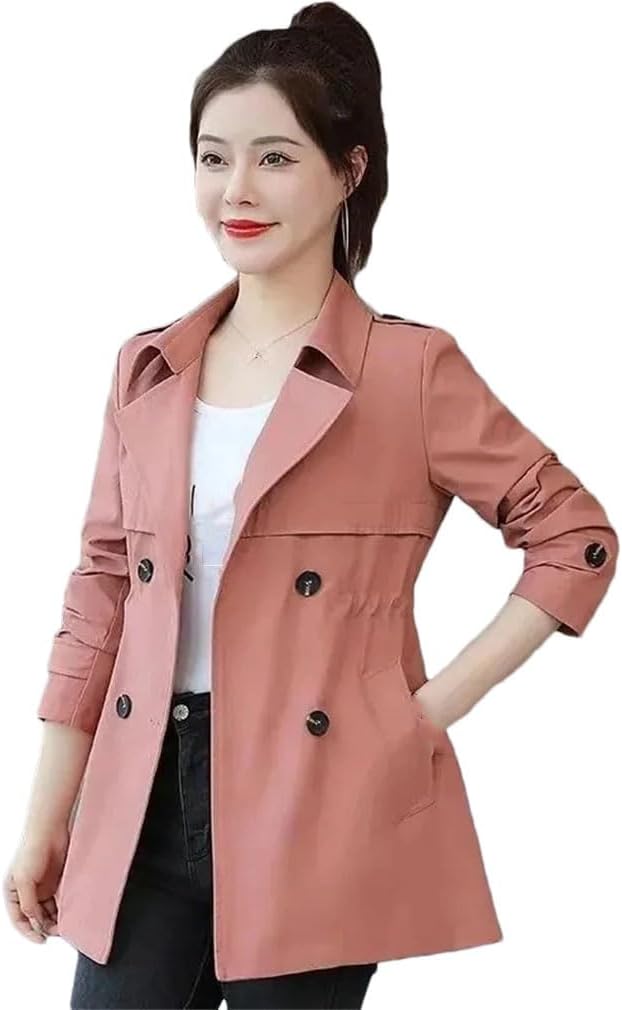 keusyoi Spring Short Coat Windbreaker Women's Trench Coat Short Jacket Ladies Solid Coat Women Double Bbreasted Outwear