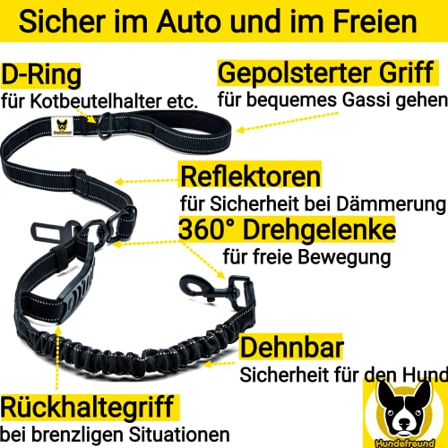 Hundefreund Auto Hundeleine mit Hundegurt 115-155 cm - Verstellbare Leine mit Sicherheitsgurt für Hunde - Griffpolster, Reflektierend mit Ruckdämpfer – Autoleine Schwarz für alle Hunderassen und Autos