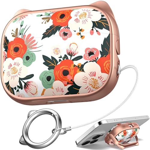 Image of for AirPods Pro 2 Case with Cleaning Kit, Cute Cat Ear Print Design & Cute Buckle for Girls, Phone Holder & Top Safe Lock Buckle Design for AirPods Pro 2nd /1st Gen case, Rose Gold Flower