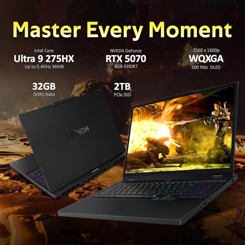 Image of Lenovo Legion 5 AI-Powered Gaming Laptop, Intel Ultra 9 275HX, GeForce RTX 5070 GDDR7, 15.1 inch WQXGA 165Hz, 32GB DDR5, 3TB Storage (2TB SSD+1TB Docking), RGB Backlit Keyboard, Wi-Fi 7, Win 11 Pro, Black