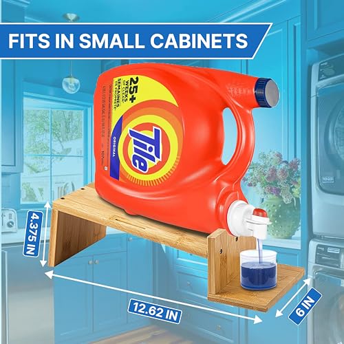 Image of Liquid Laundry Detergent Holder Stand with Tray & Strap - 2 Pack - Wood | Easy Pouring, Rubber Feet, Angled Stand, Fabric Softener Dispenser for Laundry Room Organization & Storage
