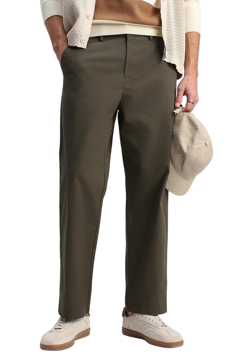 SNITCH Men Casual Wear Trousers | Relaxed Fit Solid Plain Front Straight Leg Design | Breathable Cotton Blend & Medium-Stretch Fabric for All Day Comfort & Everyday Use in neutral