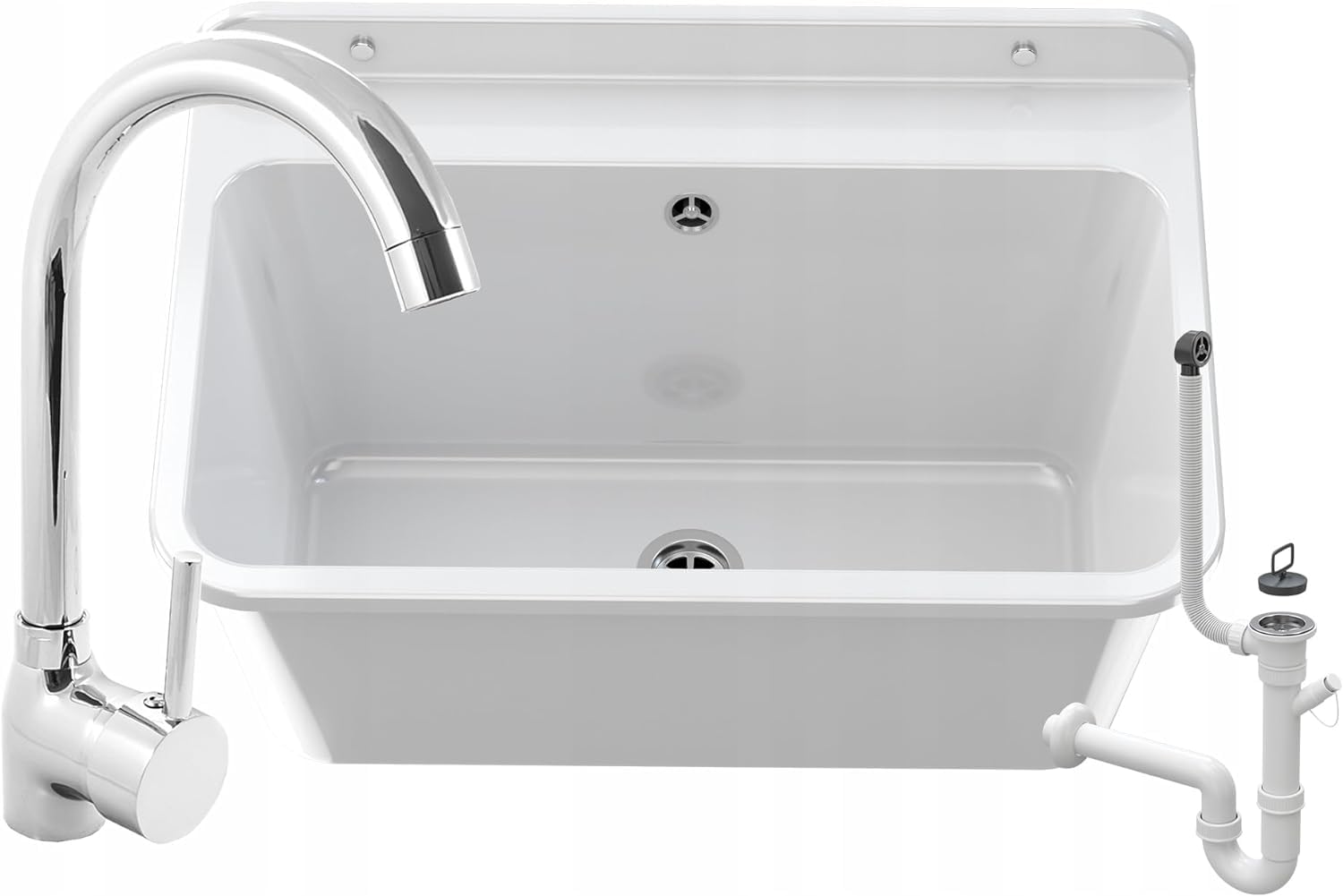 Granitan Ausgussbecken für Garage Keller Werkstatt - Universal Waschtrog mit Siphon - Waschbecken Wandmontage aus Polypropylen - 61x41x30 cm (Weiß + BETA Waschtischbatterie)