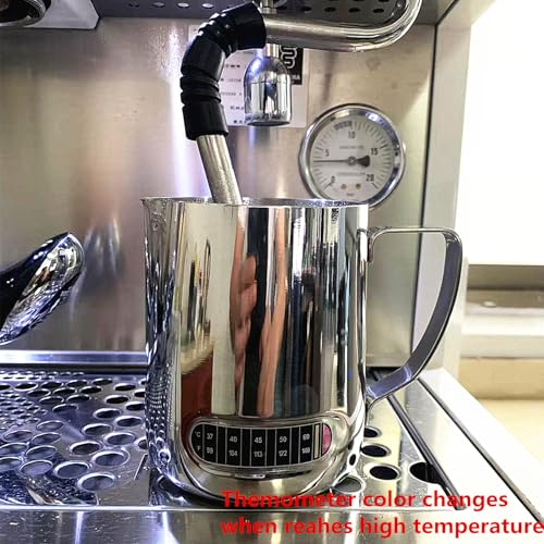 600ml Milchkännchen Edelstahl Handheld Aufschäumkännchen,Kaffee Creamer Milch Aufschäumer Kännchen Tasse mit Latte Art Pen,Milchkännchen für Barista Cappuccino Espresso (mit integriertem Thermomete)