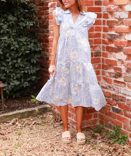 Image of Women Patchwork Dress Y2k Floral Puff Short Sleeve Maxi Dress Summer Boho Smocked Tiered Ruffle Beach Sundress