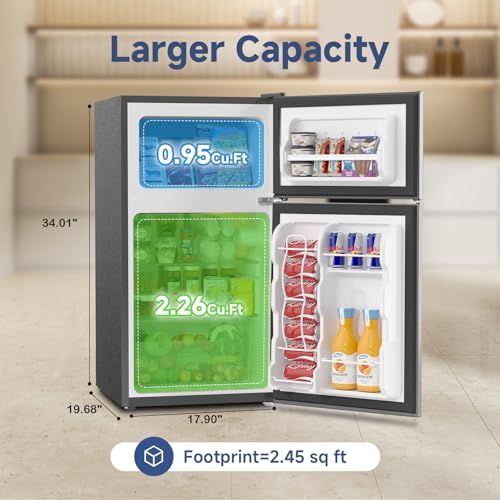 BANGSON Mini Fridge with Freezer, 3.2 Cu.Ft Small Refrigerator, 5 Settings Temperature Adjustable, Low Noise Refrigerator, 2 Door Small Fridge for Apartment, Home, Office and Dorm, Silver