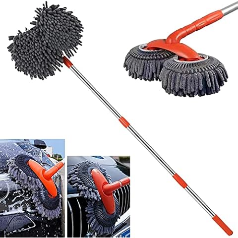 Retractable Double Layer Car Wash Brush, 53 Inch Car Wash Brush with Long Handle, Scratch-Free Car Wash with Flexible 360° Rotation Replacement Head for Trucks, Motorhomes, SUVs, Pickups Cover