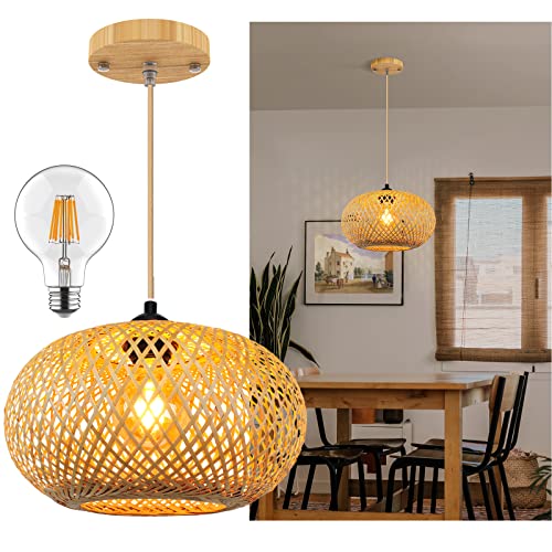 Yiizon Hand Woven Bamboo Hanging Lamp, Boho Wicker Rattan Pendant Lights, Beige Hanging Light Fixtures For Farmhouse, Kitchen Island, Living Room, Bedroom, Study #TOP24