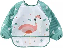 Babador Manga Longa Impermeável Cata Migalhas Animais Blw - Flamingo Rosa Maga Verde