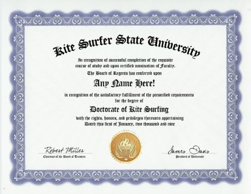 Kite Surfer Kite Surfing Kite Surf Degree: Custom Gag Diploma Doctorate Certificate (Funny Customized Joke Gift - Novelty Item)