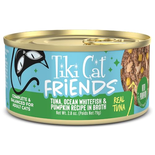 Image of Tiki Cat Friends Wet Cat Food, Tuna, Ocean Whitefish & Pumpkin, 2.8 oz. Can | For Adult Cats, Chunk Texture, Grain-free, High Moisture, Dolphin-safe, Supports Digestion, 12 Cans