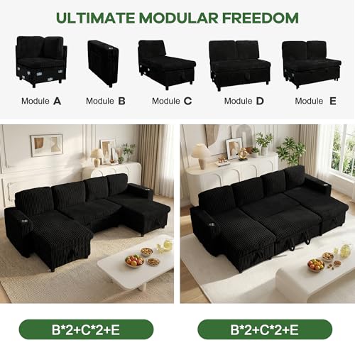 Image of Oversized Sectional Couch, U Shaped Corduroy Couch for Living Room, Sectional Sleeper Sofa with Pull Out Bed, Convertible Sofa Bed for Living Room, Bedroom and Apartment, Black