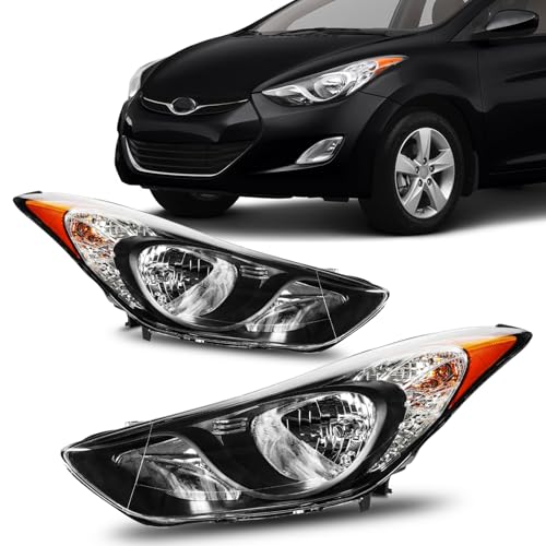 Torchbeam Headlights Assembly Compatible with Hyundai Elantra 2011 2012 2013 OE Style Headlamp Replacement Black Housing Amber Reflector Clear Lens Driver & Passenger Side