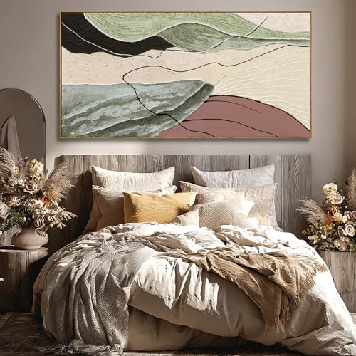 Image of Brown Green Abstract Canvas Wall Art, Framed Beige White Painting, Neutral Black Prints Wall Decor,29x58 In Artwork for Living Room, Bedroom