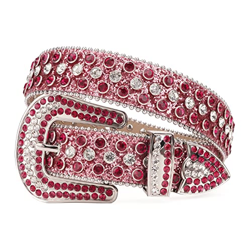 Men Women Rhinestones Belt Western Bling Diamond Crystal Studded Leather Belt For Jeans Pants (46: fits waist from 34-36 Pink)
