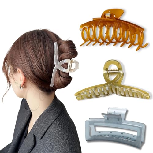 Image of Cerrito 3 Pcs Big Hair Claw Clips, Large Round & Rectangle Clutchers for Hair, Strong Hold Nonslip Jelly Clip Hair Accessories for Women & Girls with Thick, Thin, Curly, Straight, Multicolor