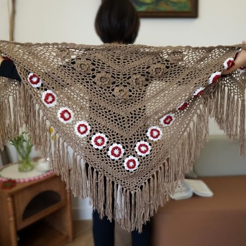 Handmade Crochet tassels Fringed Poncho Cape Shawls Wraps Granny Square Womens Coat Sweater 68x35in3
