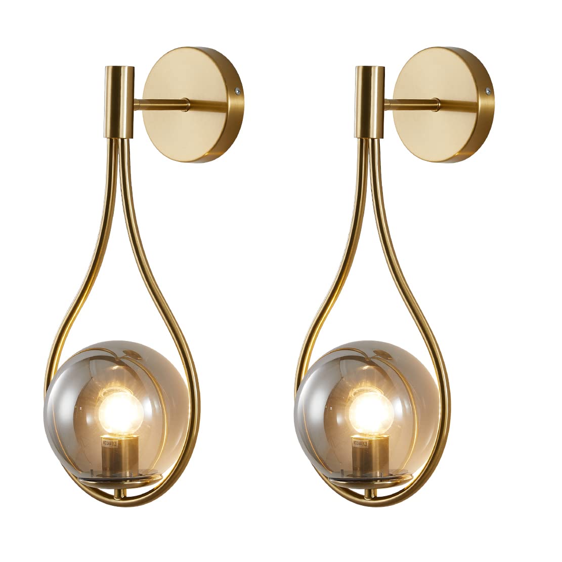 BOKT Modern Golden Metal Wall Sconce Mid Century Simple Wall Lights Farmhouse Wall Lighting Fixture Gold Round Ball Smokey Grey Globes Ceiling Bedside Reading Light for Study Laundry Living Room…
