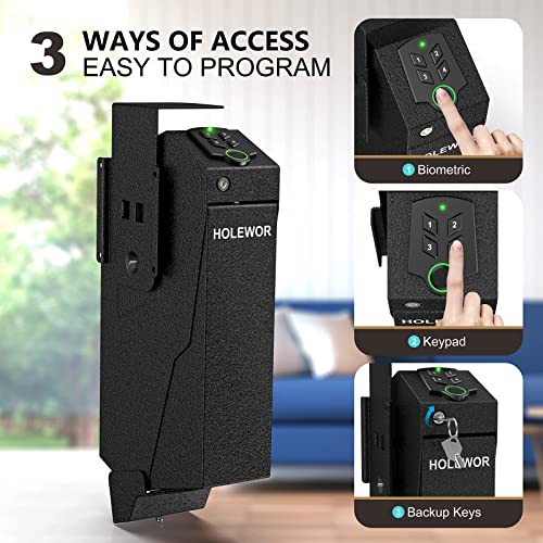 Image of HOLEWOR Gun Safe, Biometric Gun Safe for Handgun Drop Down Pistol Safe Mounted Single Handgun Safe with Fingerprint, Passcode, Key Access for Nightstand, Desk, Bedside