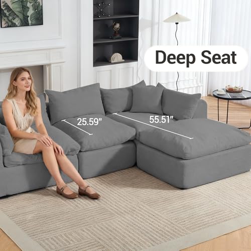 Image of Modular Cloud Couch Sectional, Boneless Sofa with Ottoman, Deep Seat Fluffy Sectional Couch for Living Room & Bedroom, No Assembly Required, Grey