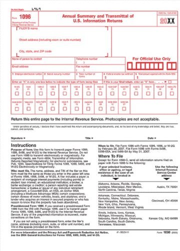 2017 IRS Regulation Approved 1096 Tax Form - Package of 5