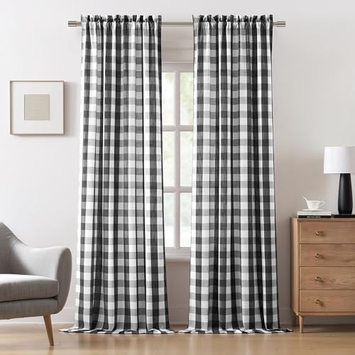 Bapawfish 90 Inches Long Black White Gingham Farmhouse Curtain Panels,Rustic