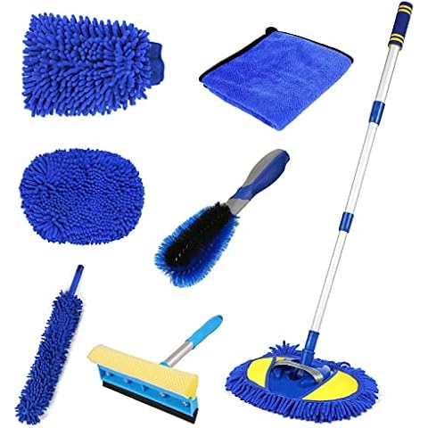 Aumotop Car Wash Mop Brush with Long Handle, Car Detailing Kit Wash Mitt Car Washing Tire Brush Cleaning Kit, Window Squeegee Car Duster Microfiber Towel Washing Supplies Set for Car RV SUV Truck Cover