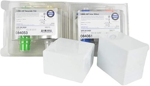 Fargo 84061 YMCFK (500 impresiones de rendimiento) + película de transferencia Fargo 84053 (1500 transferencia) + 200 tarjetas Premium de PVC blanco