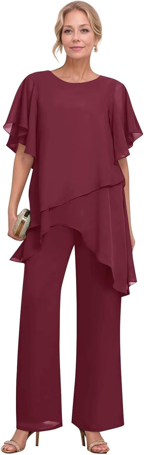 2 Pieces Chiffon Mother of The Bride Pant Suits for Wedding Short Sleeve Formal Pant Suit Wedding Guest Outfits