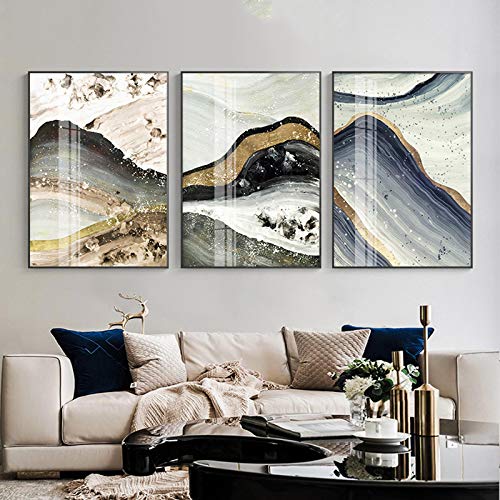 Art mural abstrait moderne pour salon - Lot de 3 affiches et impressions montagne dorée 50x70