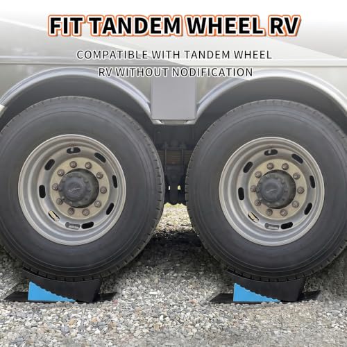 Image of OULEME RV Leveling Blocks, Camper Leveler System 2 Packs for Dual Axle Tandem Wheel Travel Trailer, Include 2 Curved Leveler Ramp, 2 Chock, 2 Rubber Mat, 1 T Bubble Level, 1 Carry Bag, Blue