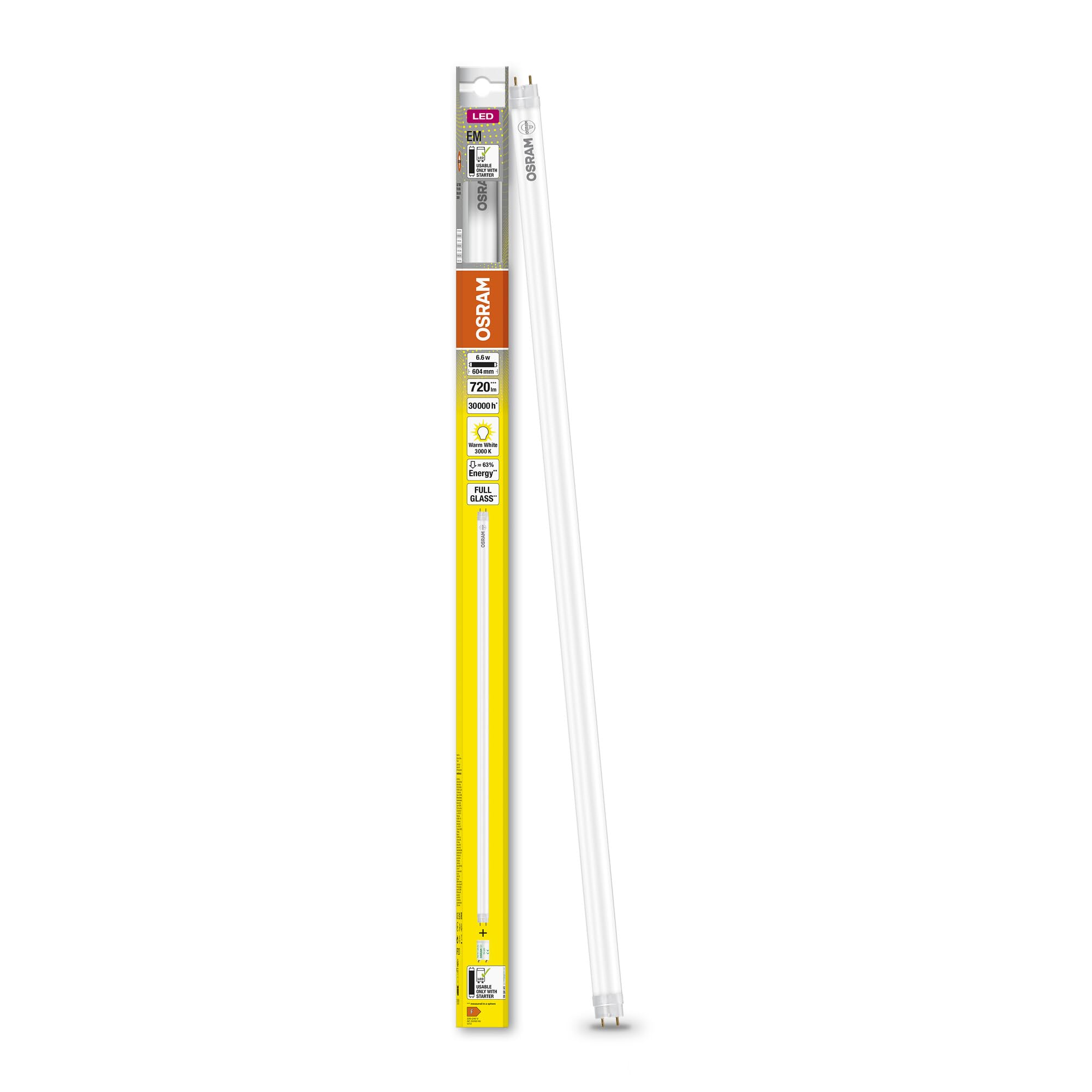 Osram Tube LED T8 18 EM 600 mm, tube LED linéaire, 6,6 W, 720lm, 3000K, lumière blanche chaude, remplacement LED pour les tubes lumineux T8 avec des prises G13, une durée de vie longue
