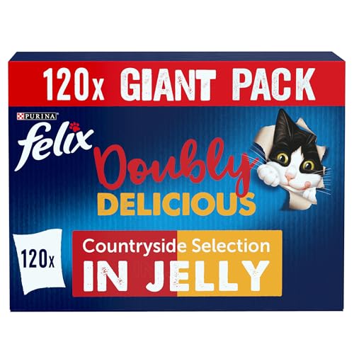 FELIX Doubly Delicious Adult Wet Cat Food Countryside Selection in Jelly Beef, Poultry, Chicken, Kidney, Lamb, Turkey, Liver 120 x 85g Pouches