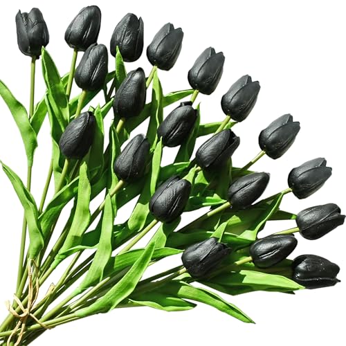 Image of ONLY ART Artificial Black Tulips 20 Pcs - 13.5 Inch PU Faux Flowers with Bendable Stems for Home Decor, Wedding Centerpieces, DIY Floral Arrangements, New Year and Valentine's Day