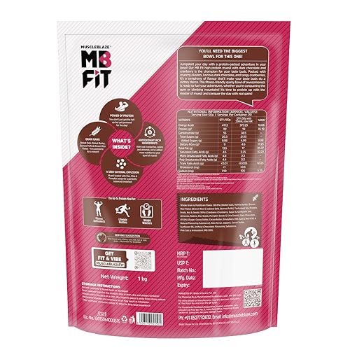 Image of MuscleBlaze Fit High Protein Muesli (1kg, Dark Chocolate & Cranberry) | 22g Protein | With Raisins, Almonds & Super Seeds,High Protein Breakfast Cereals