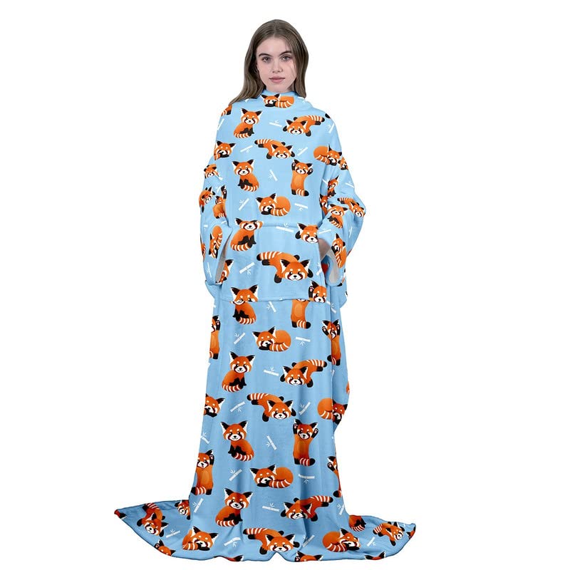 Raccoon Fleece Blanket with Sleeves for Women Men Adult Kids, Cute Panda Animal Wearable Blanket Throw Wrap, Blue Warm Cozy Extra Soft Sleep Hug Blanket, Gift for Women Mom, 50"x50"