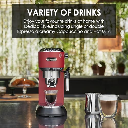 Image of De'Longhi Dedica Style Espresso Machine with Milk Frother, 15-Bar Pressure, Original Italian Barista Style Coffee Maker for Home, Make Espresso, Latte, Cappuccino & Iced Coffee, Red, EC685.R