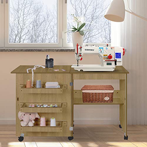 Folding Sewing Table Multifunctional Sewing Machine Cart Table Sewing Craft Cabinet Table with Storage Shelves Portable Rolling Sewing Desk Computer Desk with Lockable Casters (Walnut)